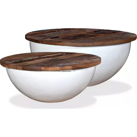 Les Tendances – Table basse ronde en bois recyclé foncé et métal blanc – Lot de 2 – Style vintage avec rangement caché – Dimensions optimales pour salon (1/5)
