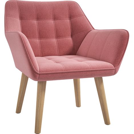 HOMCOM Velvet-Feel Accent Chair with Arms Slanted Back Wood Legs Pink (1/5)