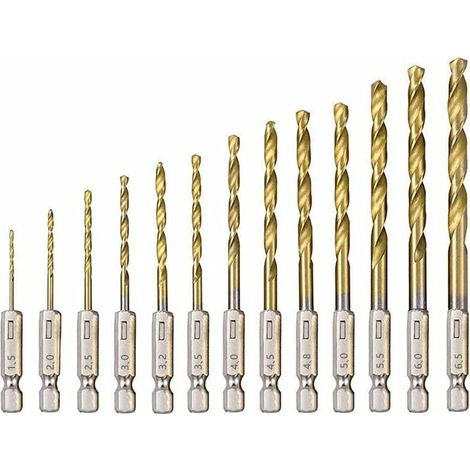 Jeu de 13 forets hélicoïdaux en acier rapide, forets hexagonaux revêtus de titane, tailles 1,5 mm - 6,5 mm, adaptés au perçage du bois, du métal et du plastique.