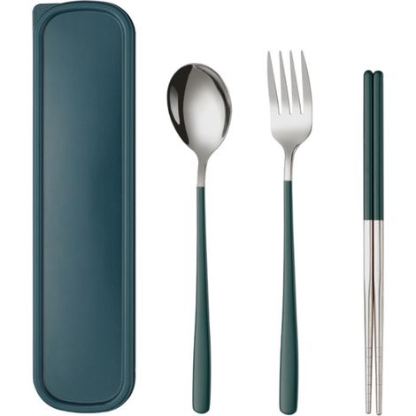 Set De Couverts Portatif - Baguettes Fourchette Cuillère En Acier Inoxydable - Pour Voyage Camping Bureau Pique-Nique - 3 Pièces Avec Étui (1/5)