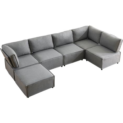 Divano modulare angolare in lino grigio chiaro trasformabile in letto 6 moduli (1/5)