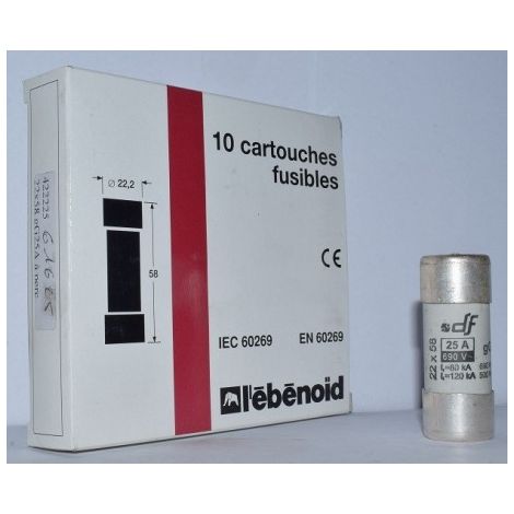 Fusible 25A cartouche 22X58mm gG usage industriel (boite de 10) HPC 120kA 660V avec voyant et percuteur EBENOID 061625 (1/2)