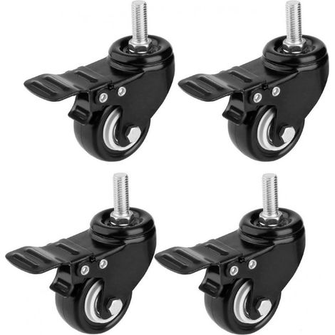 Lot de 4 roulettes pivotantes noires de 5 cm avec frein, en caoutchouc robuste pour chariot, établi et meubles (tige filetée M10 x 25) (1/5)