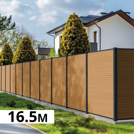 Kit Clôture Bois Composite Cèdre 16,50x1,8m SANTOS - Poteaux en Aluminium Gris - Brise Vue - Palissade