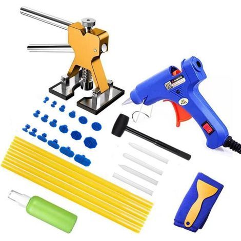 Outil Débosselage sans Peinture Kit Débosselage (Golden) Carrosserie 34 PCS avec Pistolet à Colle,Doré Dent Extracteur,pour Voiture,Réfrigérateur,Moto Corps,Porte (1/4)