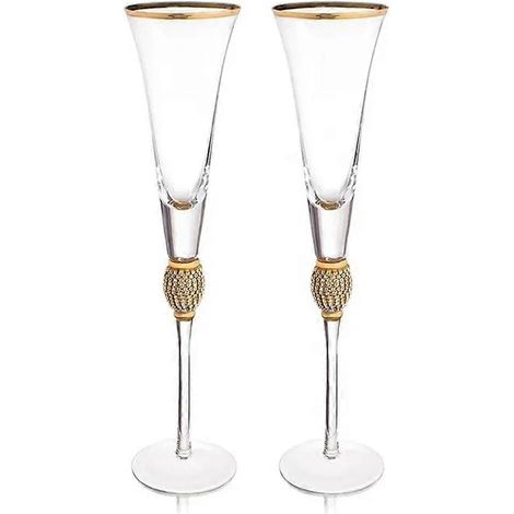Coffret cadeau de 2 verres à vin en cristal à bordure dorée, comprenant des flûtes à champagne élégantes à long manche ornées de diamants et des verres à cocktail (réf. B). (1/5)