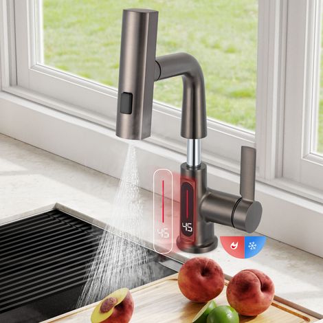 Robinet de cuisine, robinet de salle de bain, extensible, affichage LED de la température, 3 types de jets, robinet d'évier pivotant à 360°, mitigeur monocommande pour salle de bain, robinet pour lava