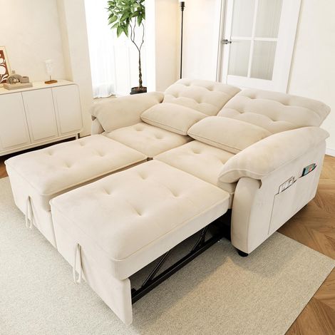 Canapé-lit convertible 3 en 1 en chenille avec dossier réglable, fonction couchage et ports USB, sofa pliable avec 2 coussins (beige) (1/5)