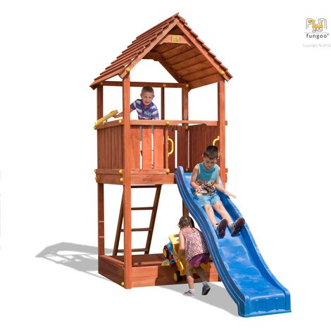 Fungoo Spielturm "Joy", teak, mit Rutsche, Leiter Holzdach und Fernrohr