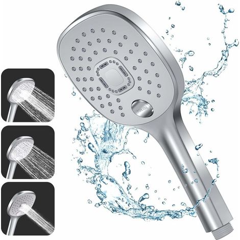 VURAHOME - Pommeau Douche, 3 Types de Jets avec Poignée Durable et Buse en Silicone Respectueuse de l'environnement, Grand Pommeau de Douche Argenté (Pommeau de Douche sans Tuyau) (1/4)