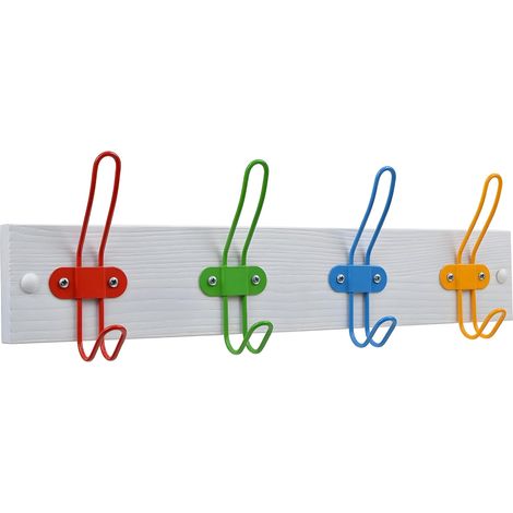 Patère - Blanc mat - 4 crochets métalliques - 43, 5x7, 5 cm - Portemanteau chambre enfant avec crochets colorés - Portemanteau (1/5)