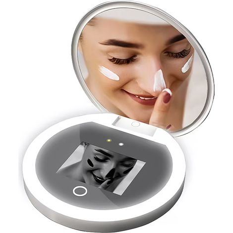 Miroir de maquillage portable avec caméra UV pour tester la protection solaire, éclairage LED, 3 modes d'éclairage, idéal pour les voyages. (1/2)