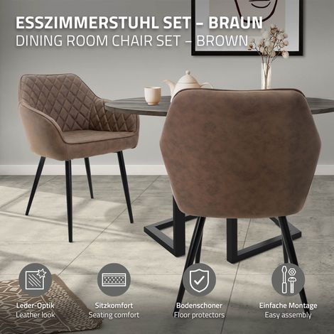 ML-Design 6er Set Esszimmerstühle mit Armlehne und Rückenlehne, Braun, Küchenstuhl mit Kunstlederbezug, Polsterstuhl mit Metallbeinen, Ergonomischer Stuhl für Esstisch, Esszimmerstuhl Wohnzimmerstuhl