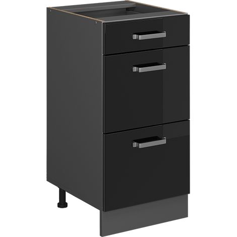 Küchenschrank R-Line, Schwarz Hochglanz, 40 cm mit Schubladen, ohne Arbeitsplatte, Vicco