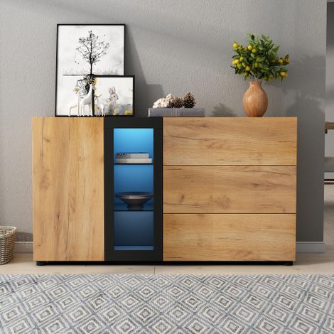 Credenza marrone, mobiletto con 3 cassetti, mobiletto portaoggetti con vetro, 140x40x80 cm (1/5)