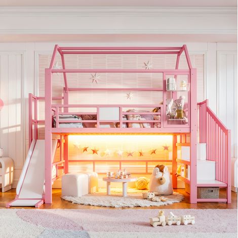 Lit mezzanine enfant 140 x 200 cm en métal rose, forme maison avec toboggan, escalier avec rangements, tringle à vêtements et éclairage LED Bluetooth, norme EN 747 – CHICFURN (1/5)