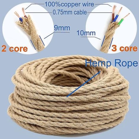Câble électrique torsadé à 2 ou 3 conducteurs, corde de chanvre, style rétro, cordon de lampe vintage en cuivre, fil textile tissé, cordon de suspension 3 conducteurs 3 m (1/4)