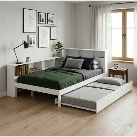 Ausziehbett 120/200 cm weiß mit Gästebett 90/190 cm, Seitenregal und Ladestation (1/5)