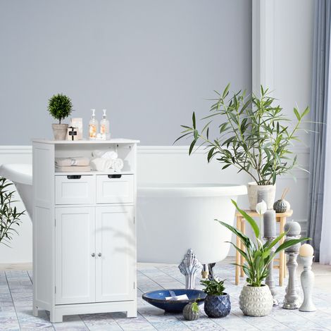 kleankin Meuble de salle de bain. meuble de rangement avec 2 tiroirs. niche. placard avec porte. étagère réglable. armoire de salle de bain. cuisine. salon. 60 x 30 x 109 cm. blanc