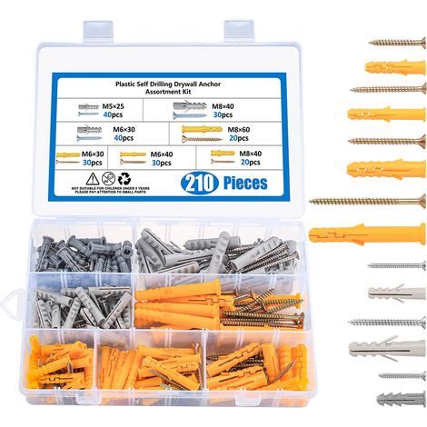 Packung mit 210 Dübeln und Schrauben – 7 Größen von Hohlwandankern mit Schraubenset – Befestigung in Mauerwerk, Ziegeln und Betonwänden – Selbstschneidende Schrauben und Dübel – M5/M6/M8 (1/5)