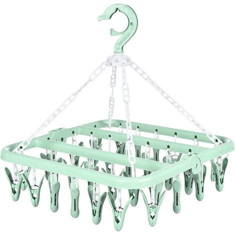 Porte-sèche-linge pliable 32 pinces rotatif 360° avec verrou anti-vent pour linge, vert (1/5)