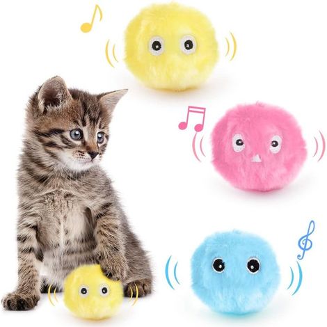 Interaktives Katzenspielzeug, 3-teiliger Katzenball, hochwertiges Plüschtier mit Vogel-, Frosch- und Grillengeräuschen, Katzenspielzeug zum Jagen (1/5)