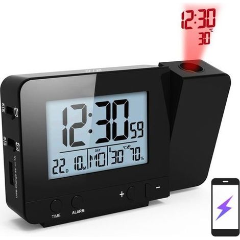 Réveil à projection avec thermomètre/hygromètre Horloge numérique Affichage à LED à intensité variable Rotatif à 180 ° 12/24H Noir (1/4)