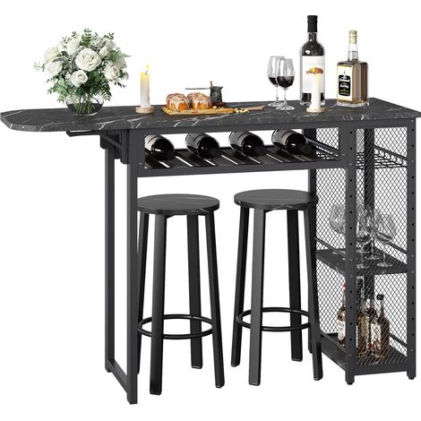 Ensemble Table de Bar Industriel avec 2 Tabourets, Étagère Basse et Porte-Verres à Vin, Table Haute en Métal et Bois pour Cuisine, Salon ou Salle à Manger (noir) (1/5)