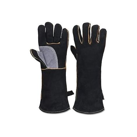 Hochtemperatur- und feuerfeste Lederhandschuhe mit Kevlar-Nähten, ideal für Kamine, Öfen, Backöfen, Grills, Schweißarbeiten und den Umgang mit Tieren, schwarz-grau