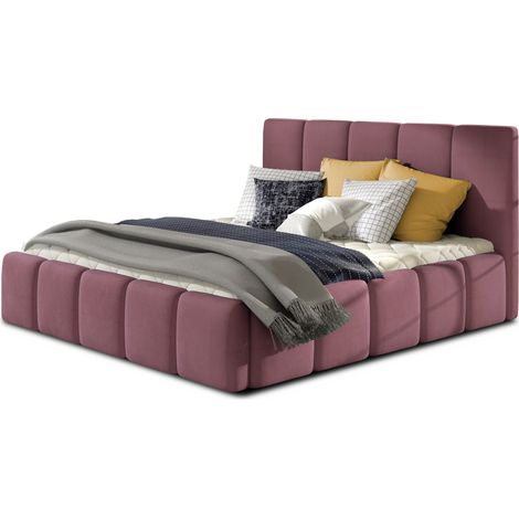 Lit coffre adulte VIKA – Lit capitonné en velours italien avec sommier relevable-Rose-140x200 (1/4)