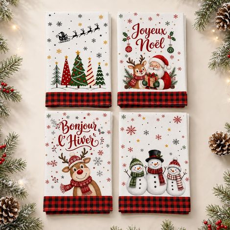 Lot De 4 Torchons De Noël 40 X 60 Cm en Coton, Décoration Noel (1/5)