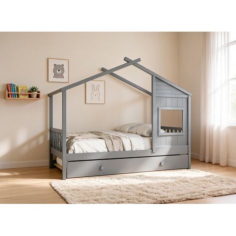 Lit gigogne cabane en bois gris 90 x 190 cm MILIO