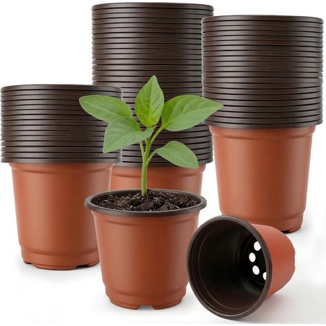 100 x Round Seedling Pots, 10 cm Planting Pots, Plastic, Reusable Plant Pots for Indoor and Outdoor Planting (Red) (1/5)