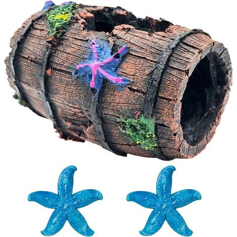 Set di decorazioni in resina per acquario: barile rotto + 2 stelle marine blu, accessori per nascondersi negli acquari per pesci Betta. (1/5)