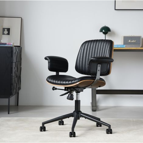 Sedia da ufficio girevole con ruote, altezza regolabile, con braccioli effetto legno nero HAVRYA (1/5)