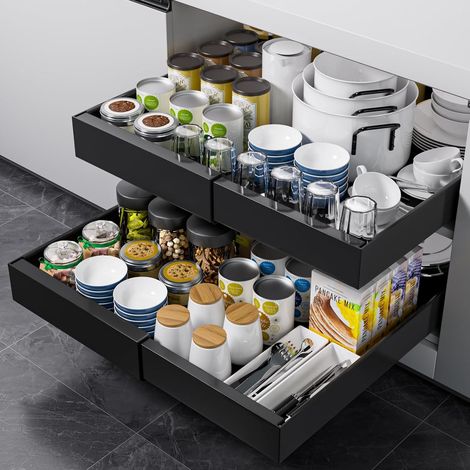 JANLEMNY Expandable Pull Out Cabinet Organizer, Adjustable 32-52cm Pull Out Drawers for Cabinets, Slide Out Drawers for Kitchen Cabinets (Black, 2pc,52cm Deep) (1/5)