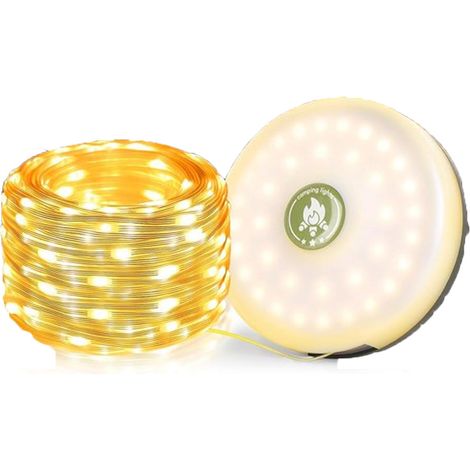 10m (32.8ft) camping string lights with warm white light, colorful torch modes, USB rechargeable.