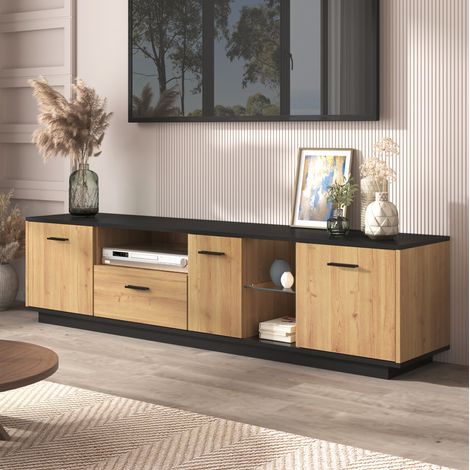 Mueble para TV de MDF negro y madera 180x37x45 cm, 3 puertas, 1 cajón, estantes de cristal y LED de 16 colores (1/5)
