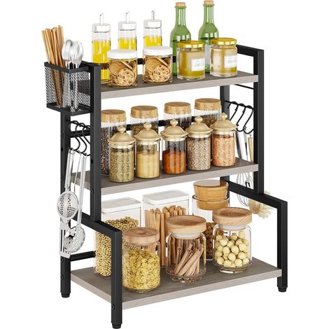 Étagère à épices de cuisine avec panier métallique, étagère de comptoir pour placard, organisateur de bureau avec 6 crochets, étagère de rangement pour épices, pots, bouteilles d'huile (1/5)