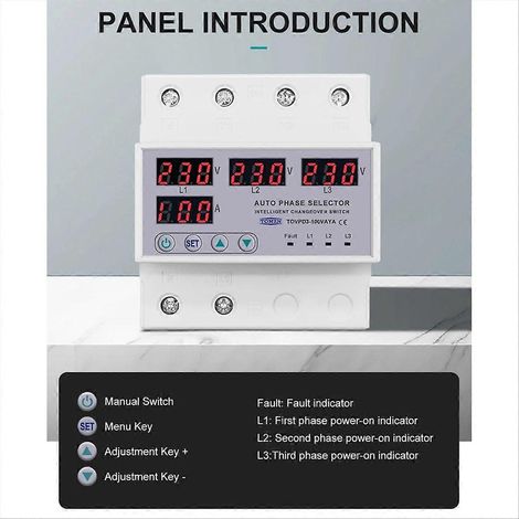 Sélecteur de phase triphasé 3P+N sur rail DIN 100 A avec relais de surveillance et de protection contre les surtensions et les sous-tensions