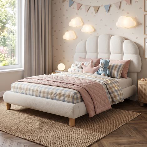 Lit Enfant 90x200 cm avec Sommier, Lit Simple en Tissu Bouclette, lit princesse, pour la peau, élégant, pour Fille Garçon Blanc (1/5)