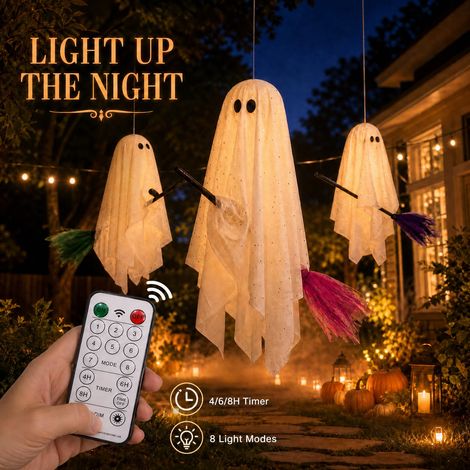 Décoration Halloween Extérieure, Lot de 3 Fantômes Suspendus LED sur Balai avec Lumière Chaude, Déco Jardin, Porche et Maison (1/5)