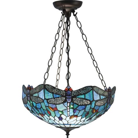 Interiors Dragonfly Blue - Lampada a sospensione a soffitto rovesciato medio 3 luci bronzo, blu, vetro Tiffany libellula, E27 (1/4)