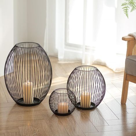 Lanterne Vent Noir Grand: Support Bougies 45/30/15 cm pour Bougies Plateau - Bougeoir Moderne Haut Set de 3 pour Décoration Salon Balcon Salle de Bain Noël (1/5)