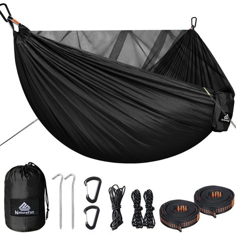 Hamac de Camping avec Moustiquaire  Capacité de Charge de 300kg, (290 x 140 cm) Nylon Parachute Respirant, séchage Rapide  Accessoires complets  Hamac de Voyage Facile à Installer