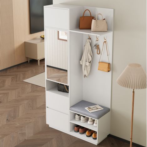 Vestiaire d'entrée avec miroir, banc et rangement chaussures 90x34,5x190 cm blanc MDF FloraGrace (1/5)