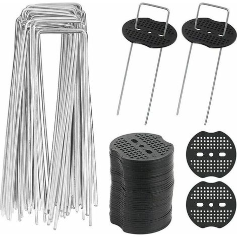 40 estacas de jardín en forma de U con 40 arandelas, estacas metálicas para jardinería, fijación de láminas de control de malezas (15 x 4 cm / φ3 mm)