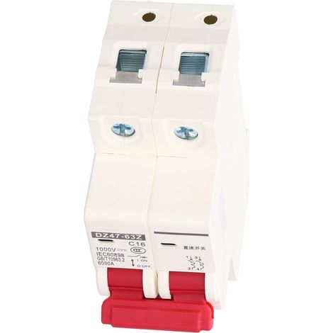 Disjoncteur bipolaire basse tension, pouvoir de coupure de 6000 A, montage sur rail DIN, 16 A CC 1000 V