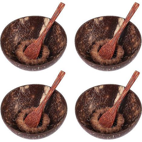 Set aus natürlichen Kokosnussschalen mit Löffel und Ständer, ideal für Eiscreme, Desserts, Reis, Snacks und Nüsse. (1/5)