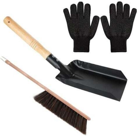 [JAMAIS UTILISÉ] Kit de nettoyage de cheminée avec pelle, brosse de poêle à bois naturel, gant en Silicone noir, pelle de cheminée, ensemble de cuillères à cendres